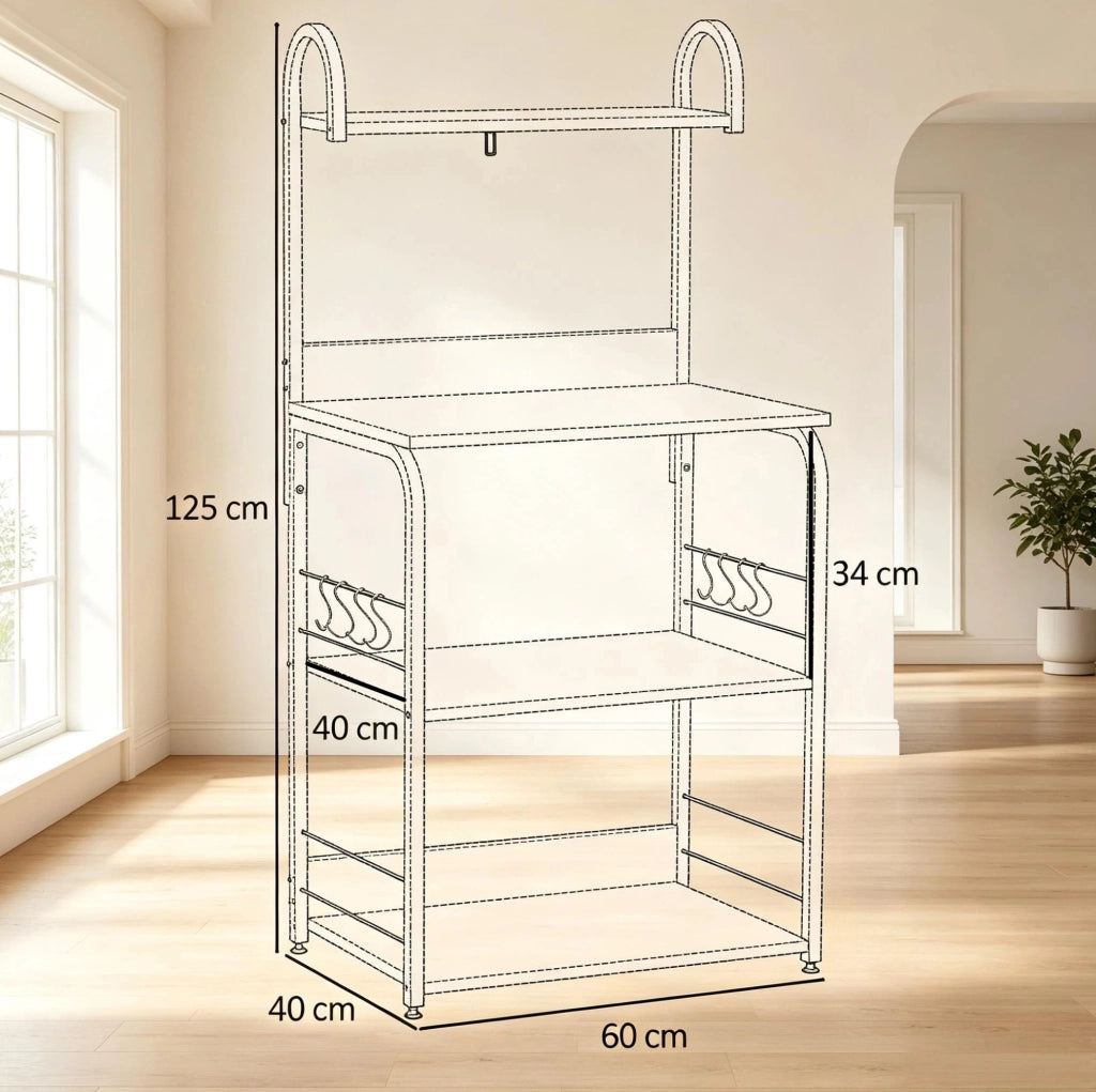 Scaffale da cucina in legno melaminico e metallo con 4 ripiani, 4 ganci, 60x40x125 cm, effetto legno naturale e nero