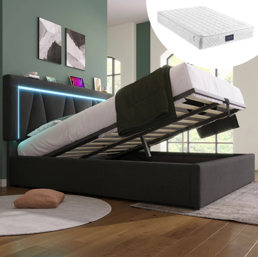 Letto matrimoniale contenitore 160x200 cm con materasso; LED; USB e Type-C grigio HOMVRA