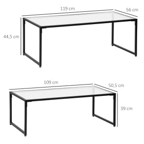 Tavolini da salotto impilabili set di 2 119x56x44,5 cm vetro temprato acciaio nero