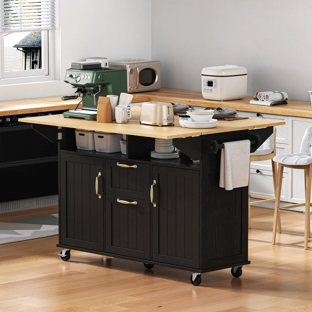 Isola cucina mobile 120x80x92 cm in MDF nero, piano estensibile e contenitori