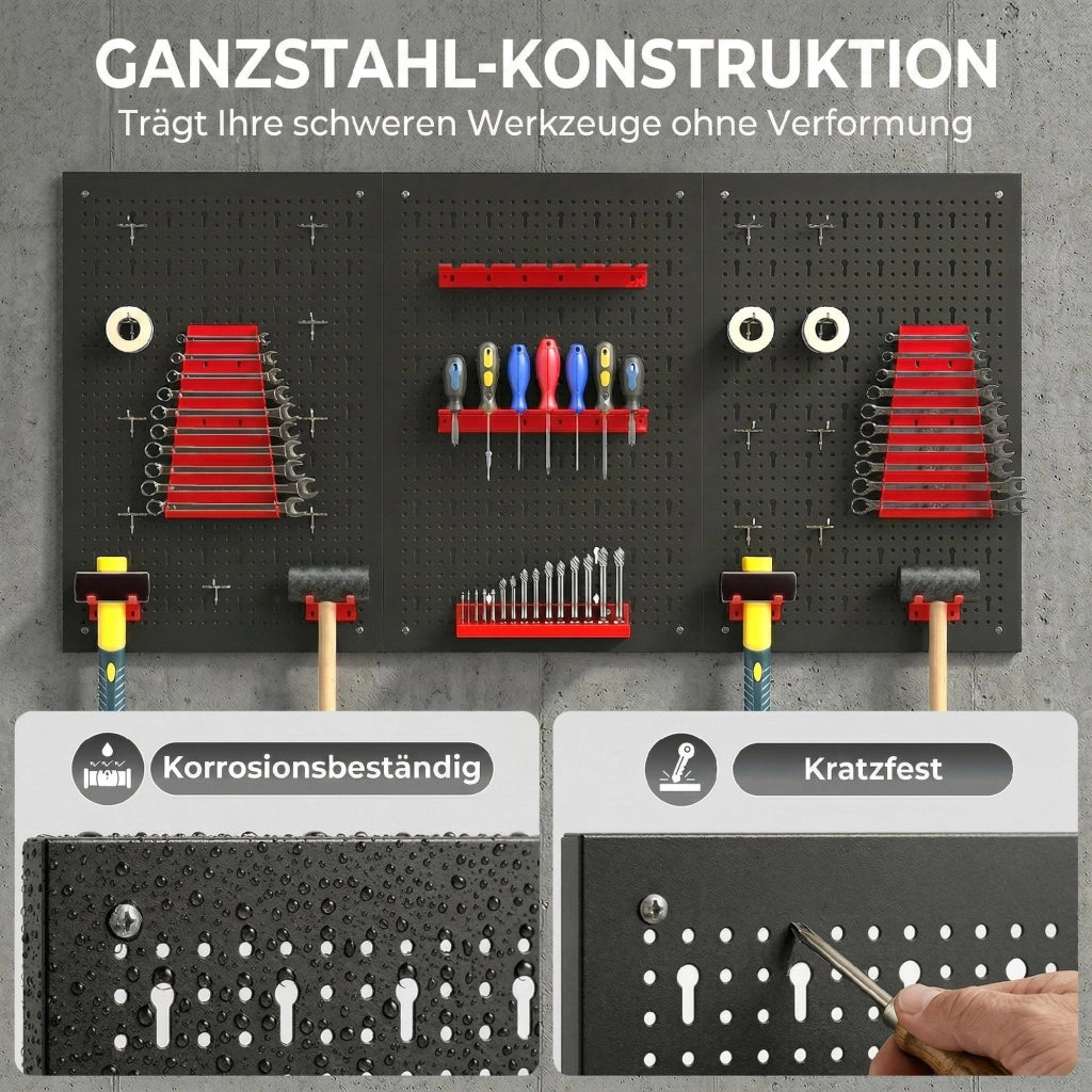 Pannello Forato da Parete Porta Attrezzi 60 x 40 cm con 28 Pezzi Contenitori e Ganci, Organizer per Officina e Garage, Nero e Rosso