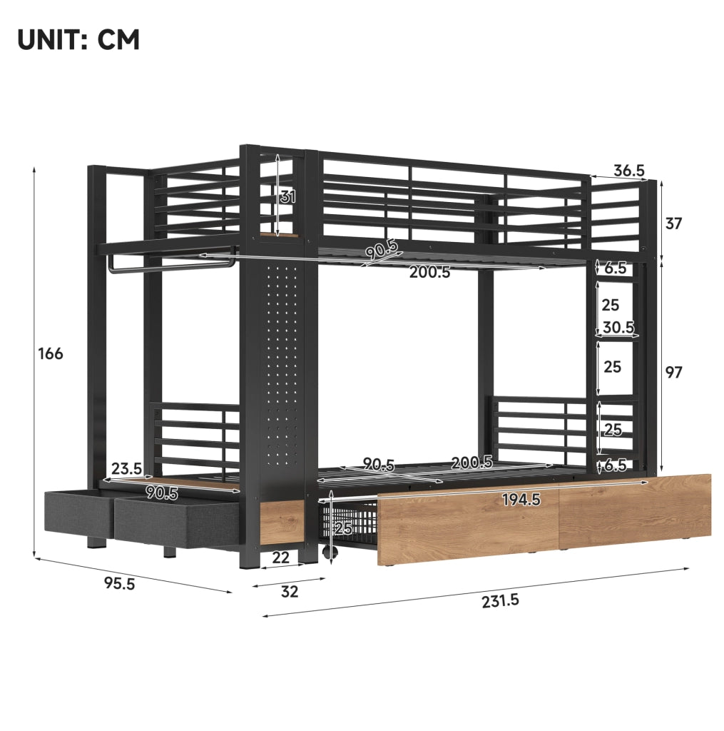 Letto a castello 90x200 cm con LED; cassetti e vano appendiabiti in metallo e MDF nero