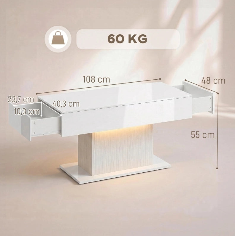 Tavolino da salotto bianco lucido con LED RGB, 2 cassetti nascosti e telecomando