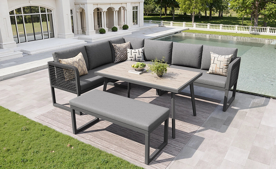 Set Mobili da Giardino in PE-Rattan con Cuscini Spessi, Divano da Esterno Modulare per 6-8 Persone, Colore Grigio