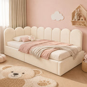 Letto da giorno 90x200 cm in velluto beige con contenitore idraulico e rete a doghe in ferro