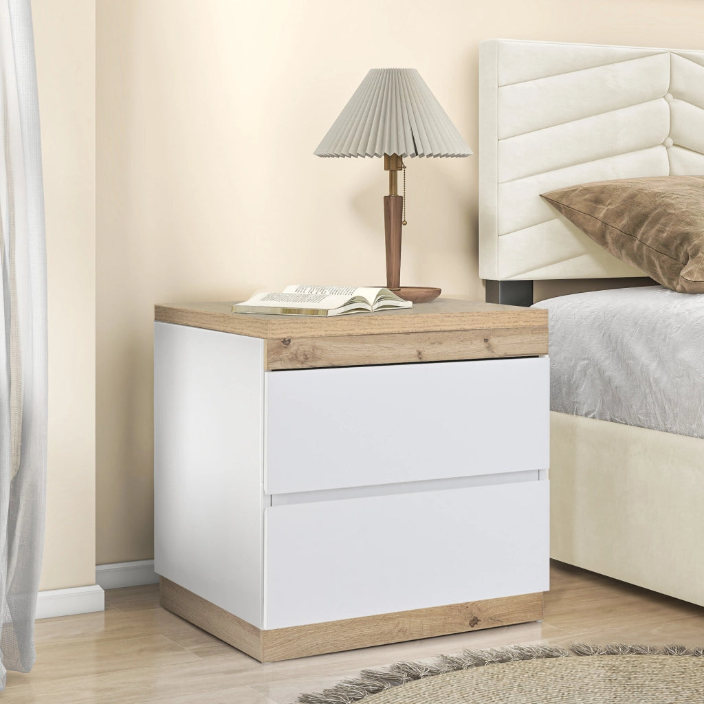 COMODINO classico con 2 cassetti bianco e rovere