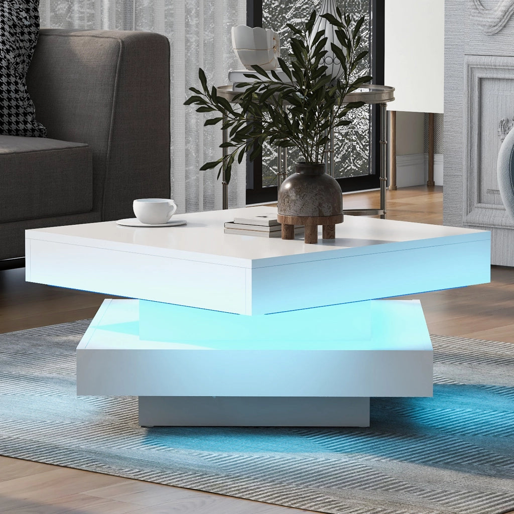 Tavolino quadrato bianco lucido con piano girevole a 360 gradi e illuminazione LED 70 x 70 x 36 cm