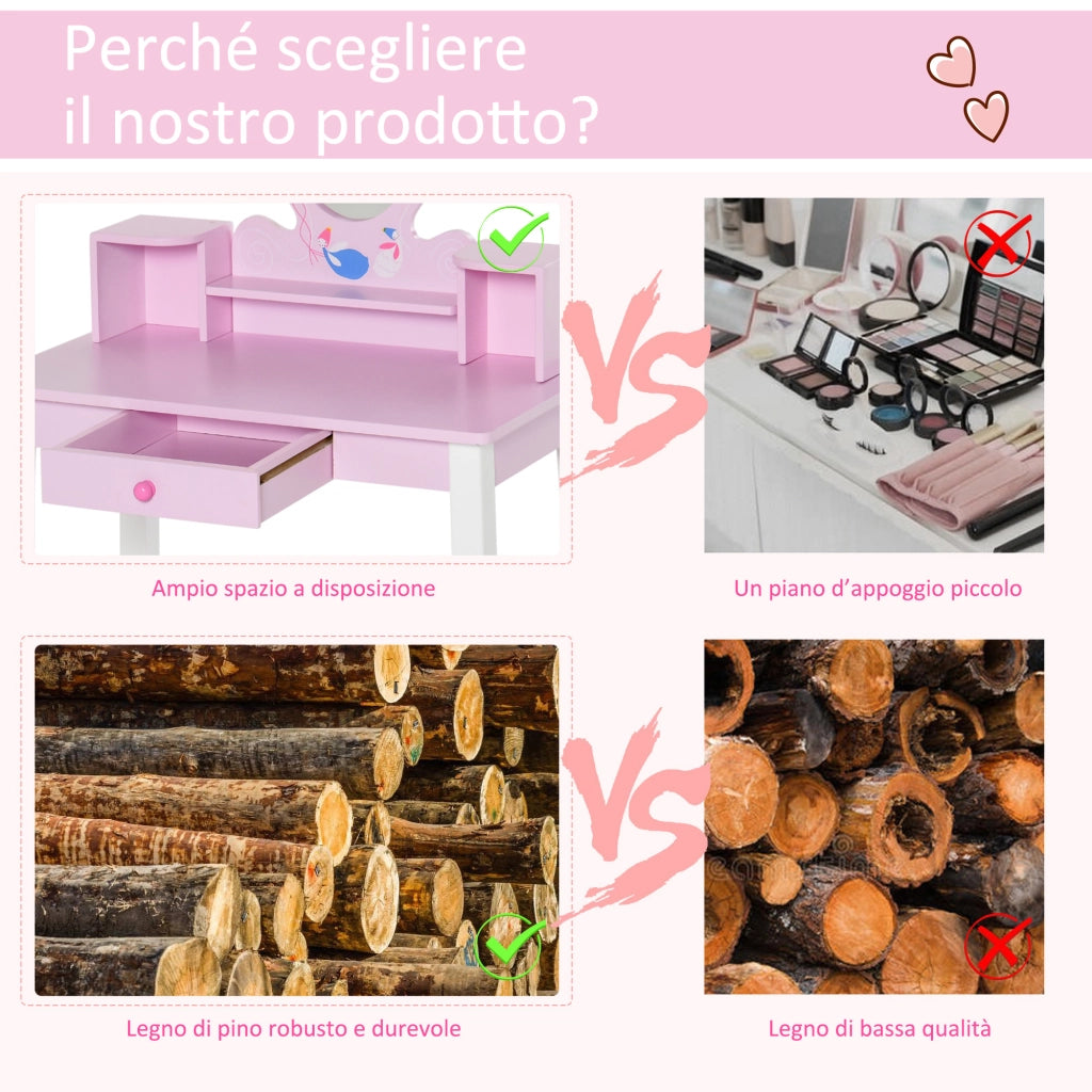 Toeletta per Bambine 3+ Anni in Legno, Set Tavolo da Trucco Giocattolo con Specchio e Sgabello, Rosa