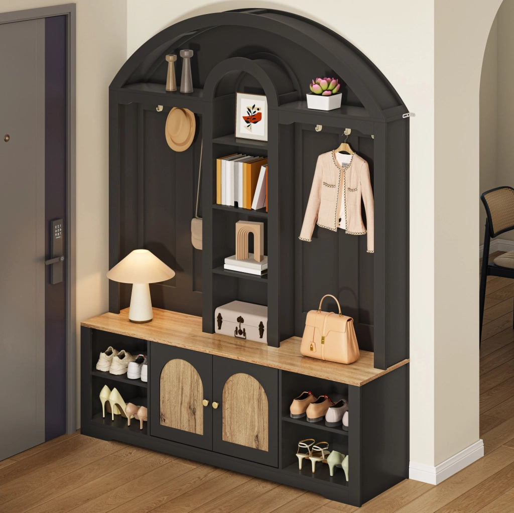 Garderoba in MDF nera con ripiani, appendiabiti e doppi sportelli, design curvo 150x40x195 cm