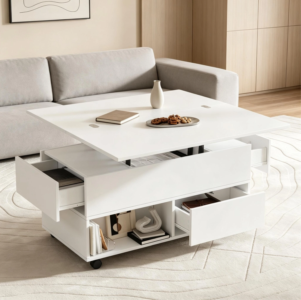 Tavolino da salotto elevabile 100x50 cm con 4 cassetti e ruote bianco HOMVRA