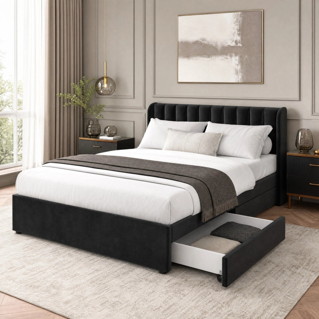 Letto matrimoniale 160x200 cm in velluto nero con testiera; doghe e 2 cassetti