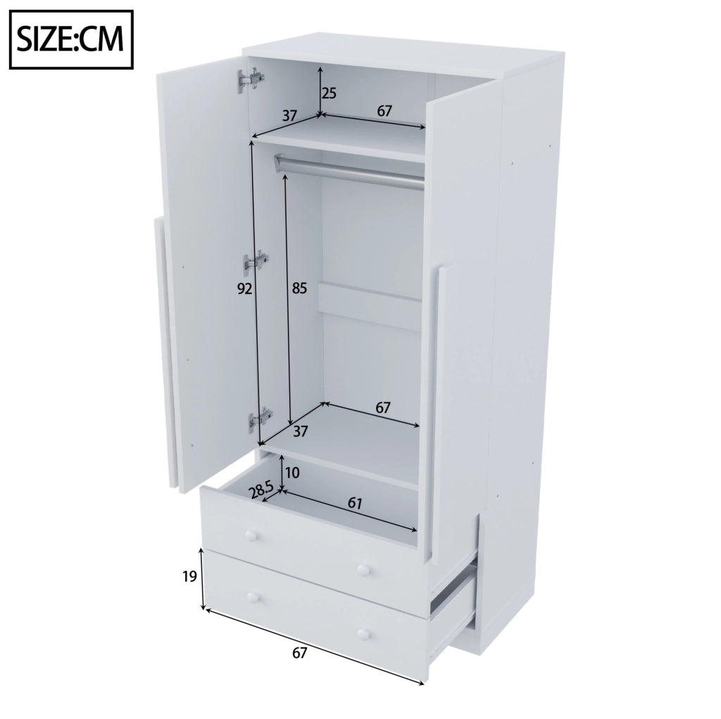 Armadio guardaroba bianco 70x40x170 cm con ante doppie, cassetti e ripiani