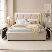 Letto imbottito 140 x 200 cm beige con LED e 4 cassetti