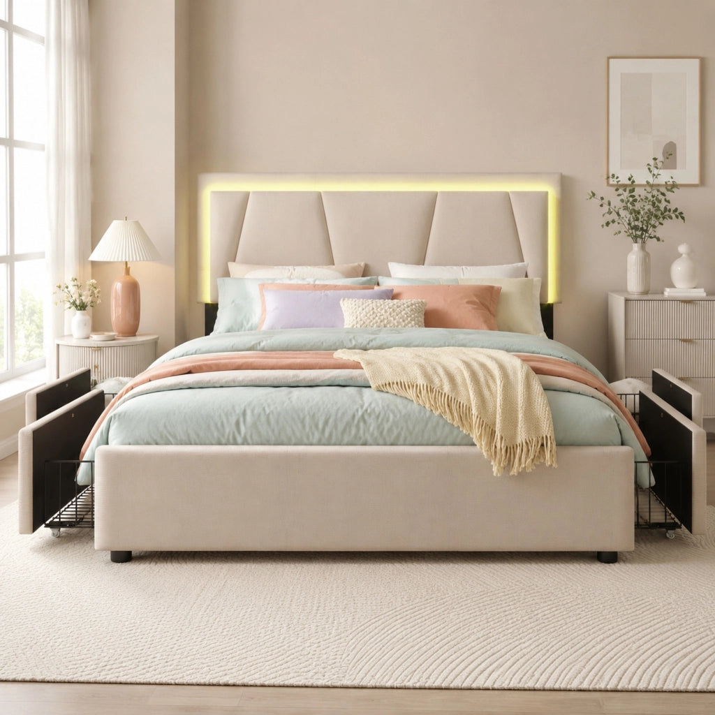 Letto imbottito 140 x 200 cm beige con LED e 4 cassetti