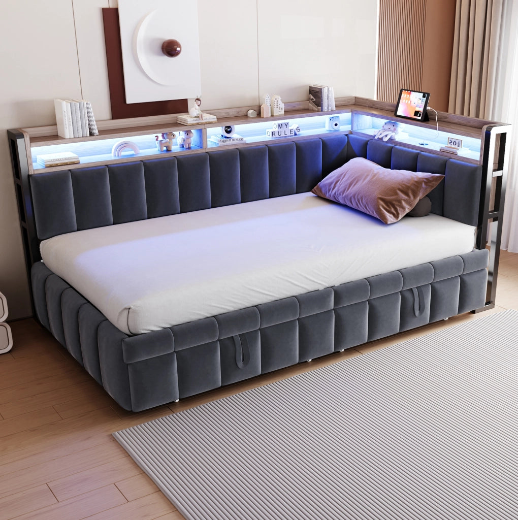 Divano letto estraibile ULEVR 90x200 cm con LED, USB e Type-C, vani portaoggetti, velluto grigio