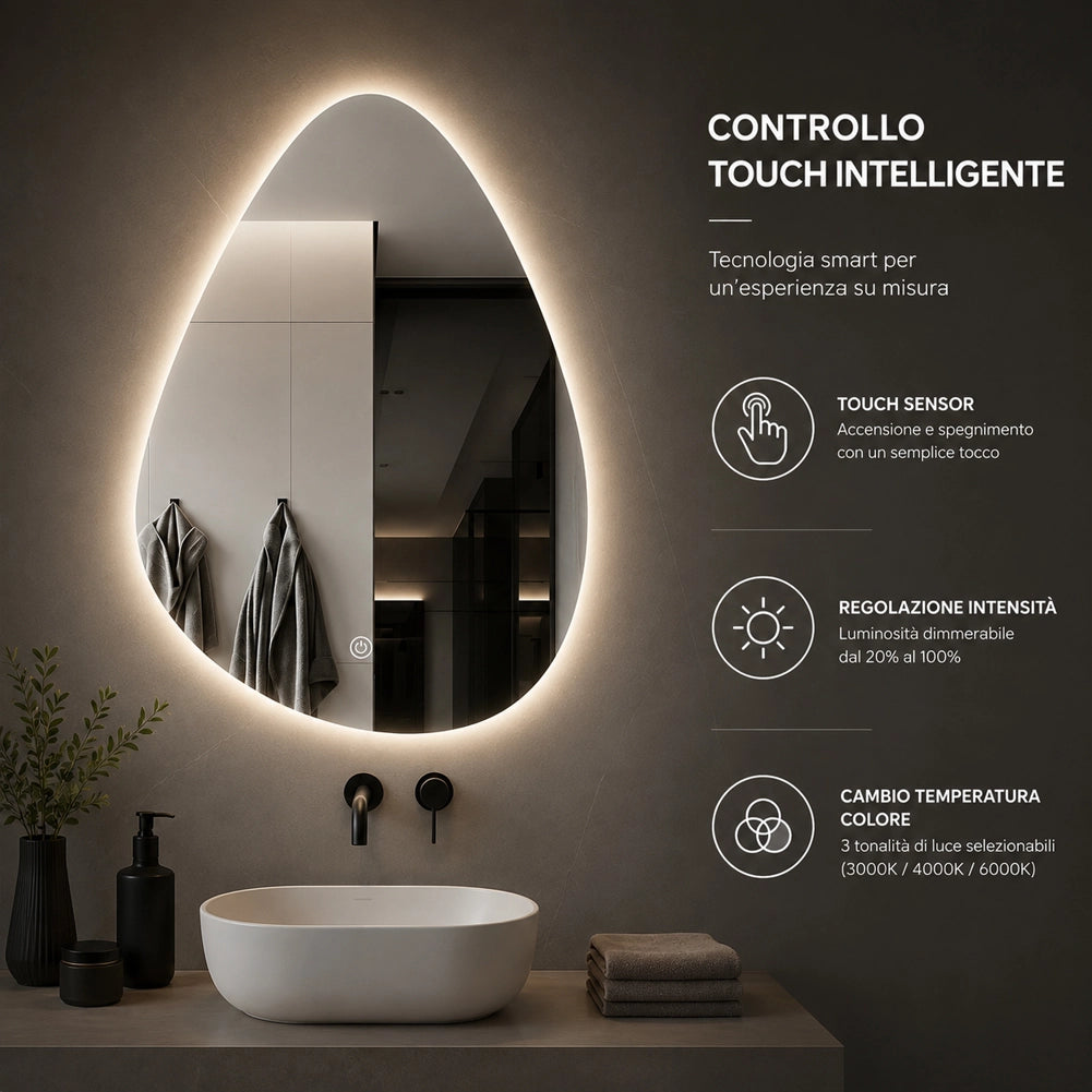 Specchio a Goccia Diametro 50x60 cm Led a 3 Colori Dimmerabile Accensione Touch
