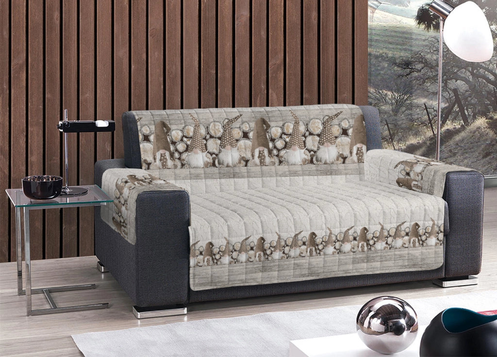 Copridivano Trapuntato Disegno Gnomi Colore Beige - 3 Posti - Beige