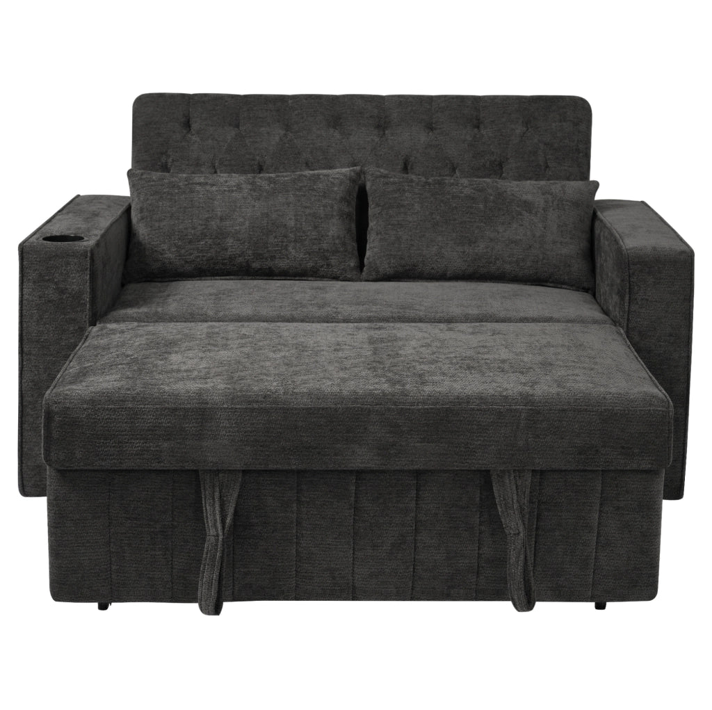 Divano letto multifunzionale 2 posti in tessuto chenille con schienale regolabile, porta bevande e porta USB, grigio