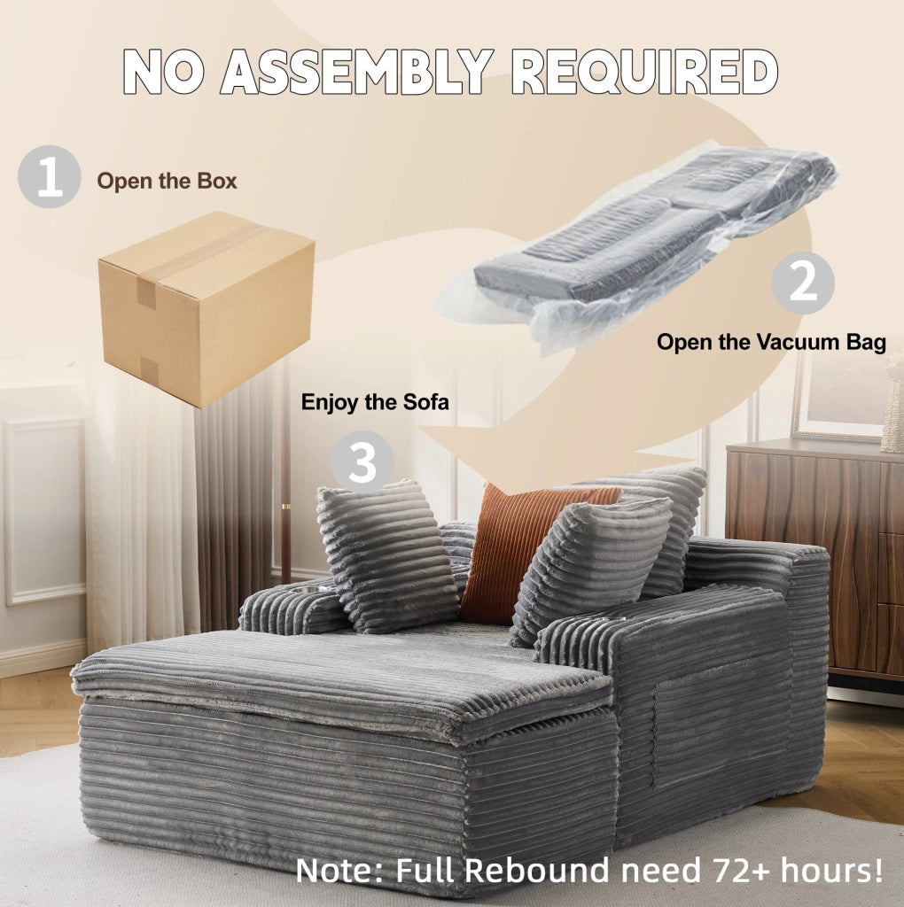 Divano letto senza schienale con chaise longue in tessuto vellutato grigio, 3 cuscini e coperta integrata, senza montaggio
