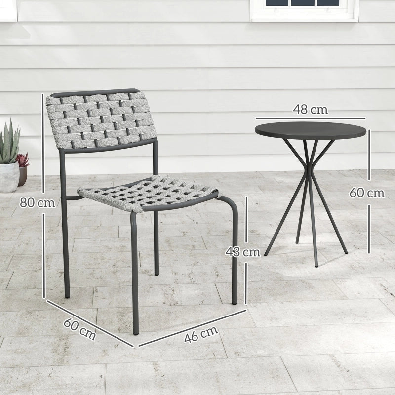 Set da bistrot da esterno 3 pezzi con due sedie impilabili e tavolo rotondo in rattan a corda e acciaio grigio