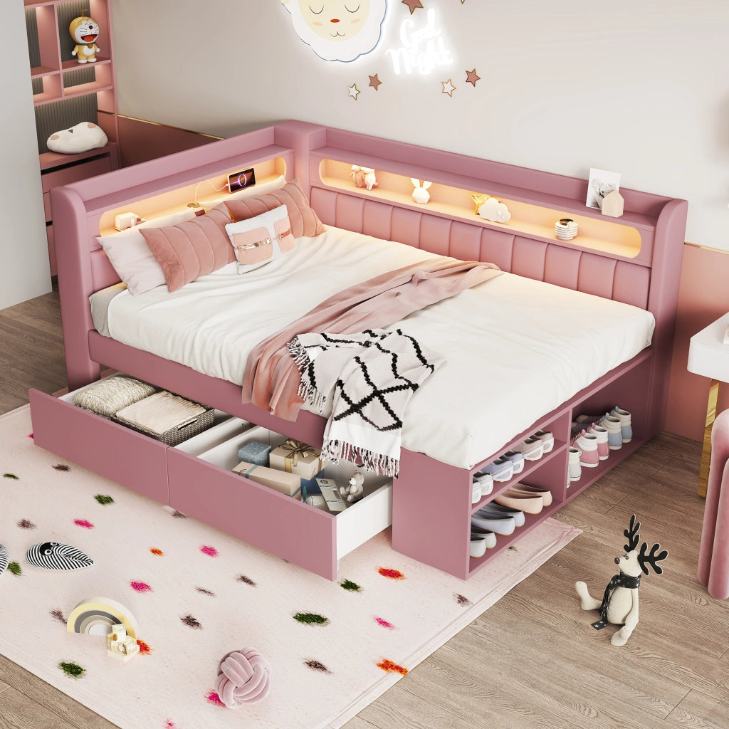 Letto con cassetti 90 × 200 cm con LED USB mobile portascarpe struttura imbottita in MDF e compensato rosa