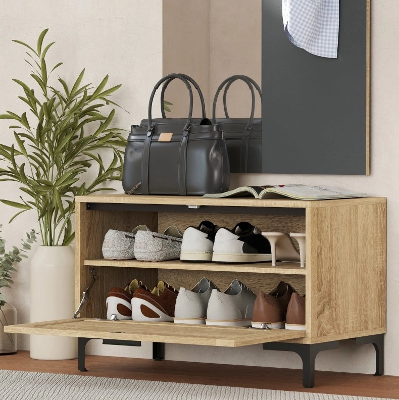Set Appendiabiti con Specchio, Panca Porta Scarpe e Ripiano Aperto in MDF Naturale e Grigio per Ingresso