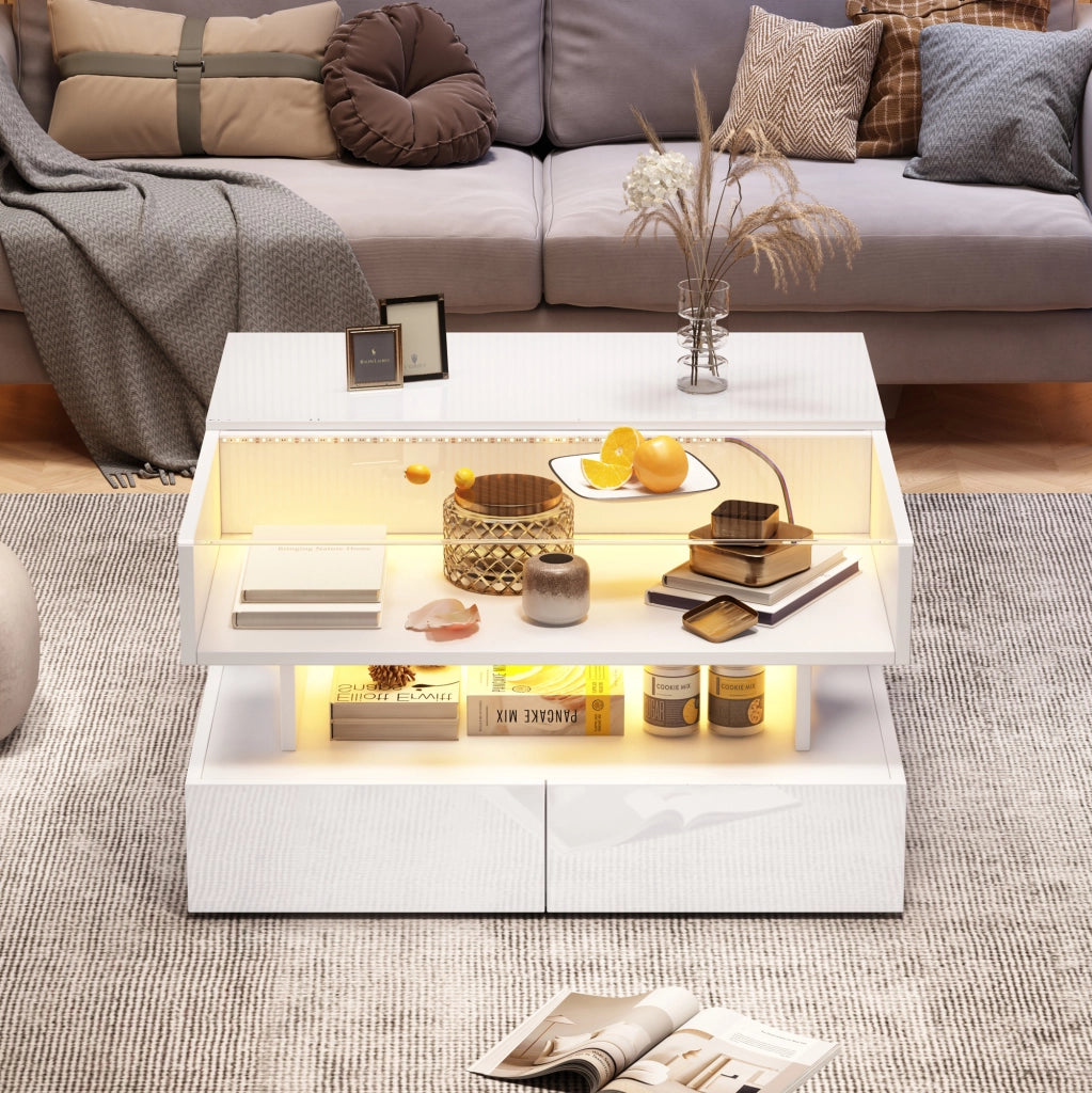 Tavolino da salotto elevabile con 2 cassetti, vani contenitore e luci LED, bianco lucido, 80 × 80 × 45 cm