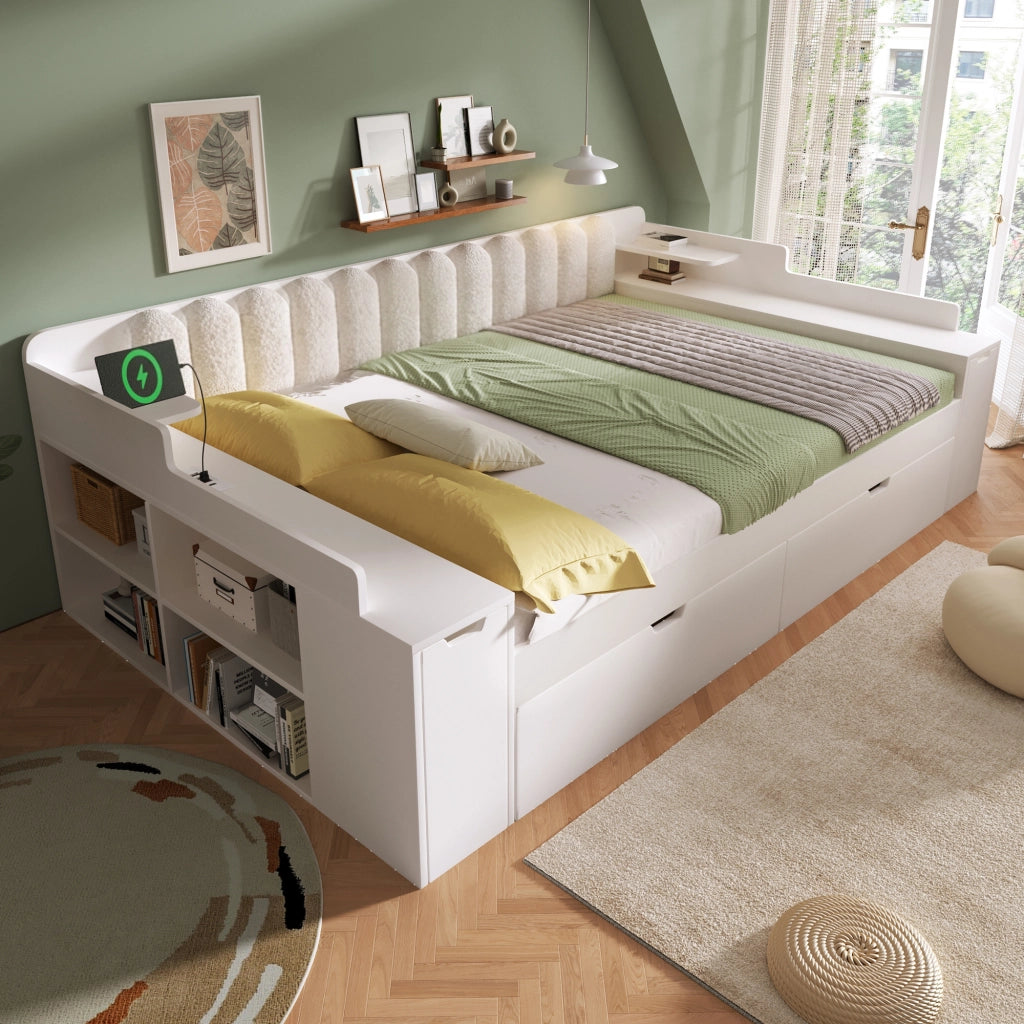 Letto estraibile matrimoniale 140x190 cm; rete a doghe metalliche; stazione di ricarica; contenitore nascosto; legno; schienale sherpa; bianco