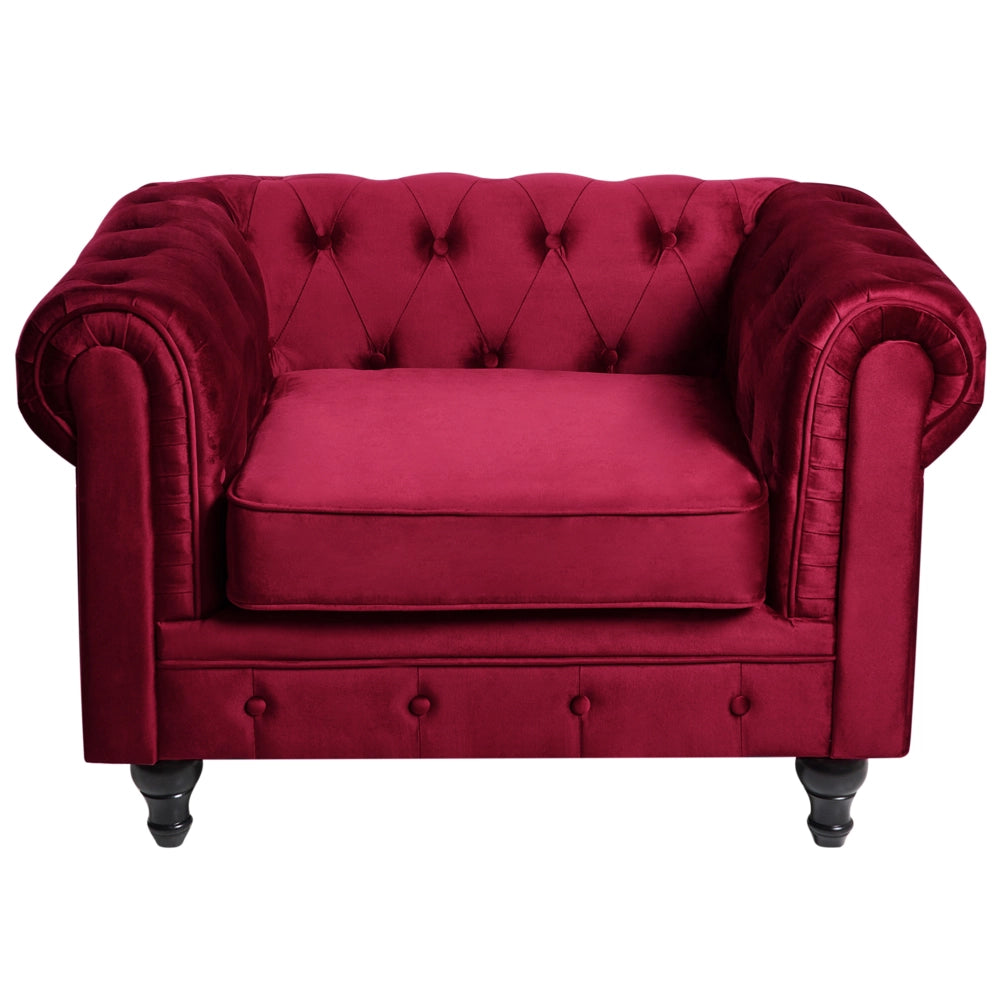 Poltrona Chesterfield Tessuto Velluto Rosso Scuro Rivestimento Gambe Legno Scuro Contemporaneo