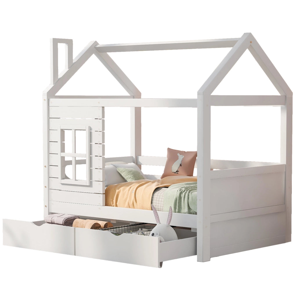 Letto a casetta 80 × 160 cm con cassetti e finestre in legno di pino bianco con rete a doghe inclusa