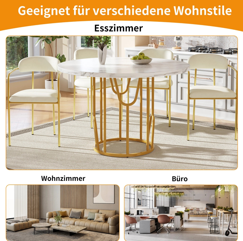 Tavolo da pranzo rotondo 80x80x76 cm con piano in MDF effetto marmo e gambe oro
