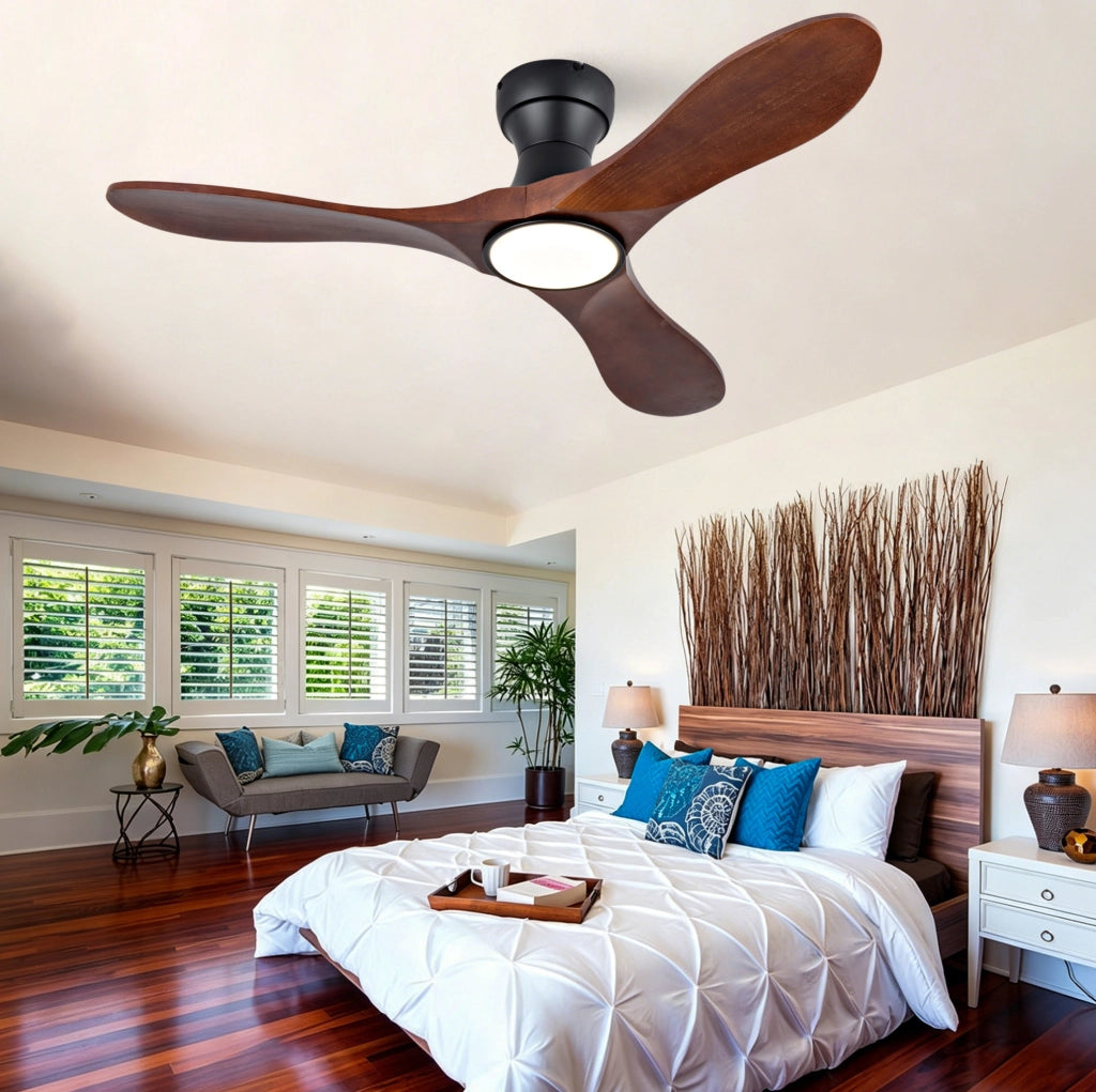 Ventilatore da soffitto 42" con LED dimmerabile; 3 pale in legno massello; nero e noce scuro