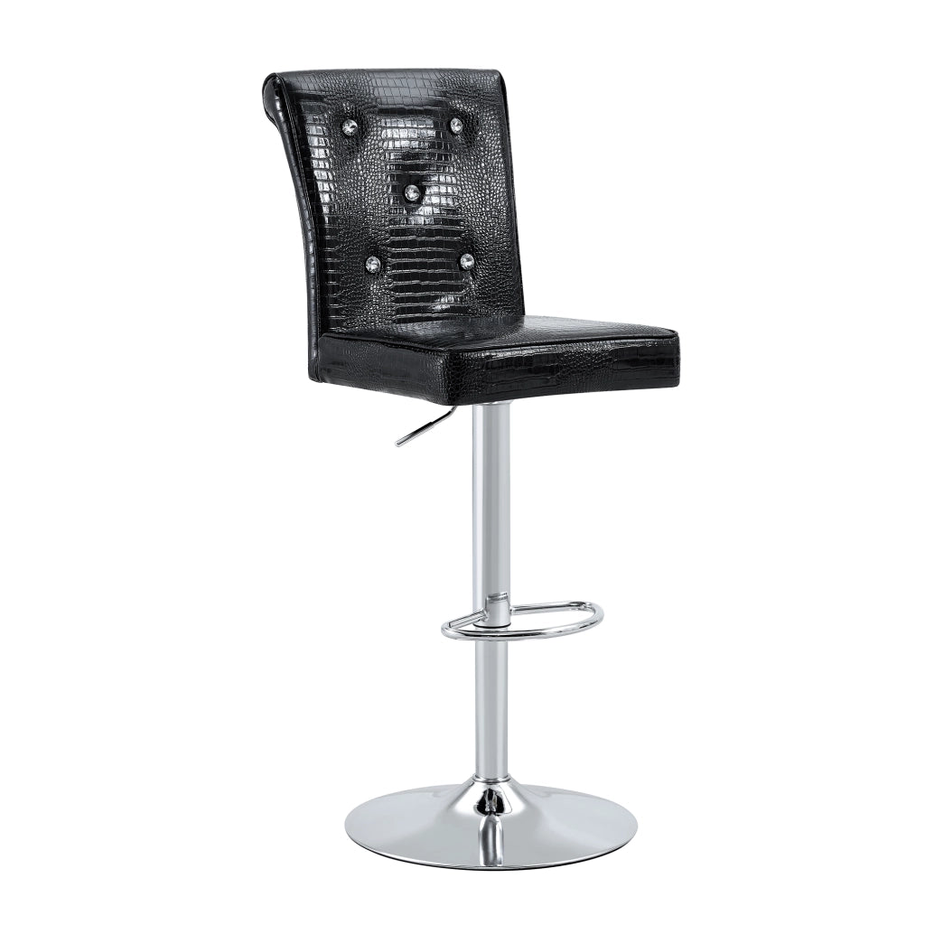 Set di 2 Sgabelli da Bar Regolabili; Schienale con Motivo Coccodrillo e Bottoni Cristallo; PVC; Nero