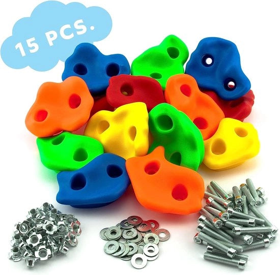 Set di arrampicata per bambini esterno con 15 pezzi, inclusa attrezzatura di fissaggio | pietre di arrampicata per parete di arrampicata | Pietre di boulder colorate per torre di gioco con viti