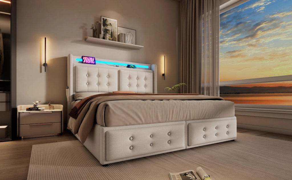 Letto contenitore 140x200 cm beige in tessuto misto cotone e lino con vano sotto la rete; LED; USB e USB-C