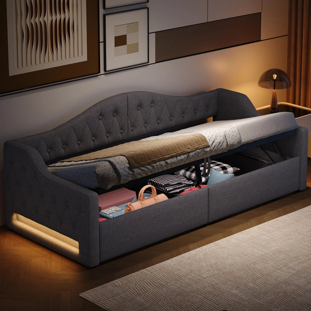 Letto a Divanetto 90x200 cm; Contenitore; LED; in MDF e Compensato; Grigio