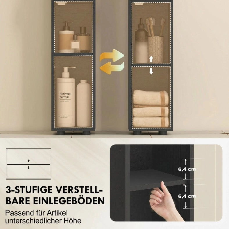 Mobile bagno nero alto e stretto 180x20x20 cm con ripiani regolabili e cinghie anticaduta