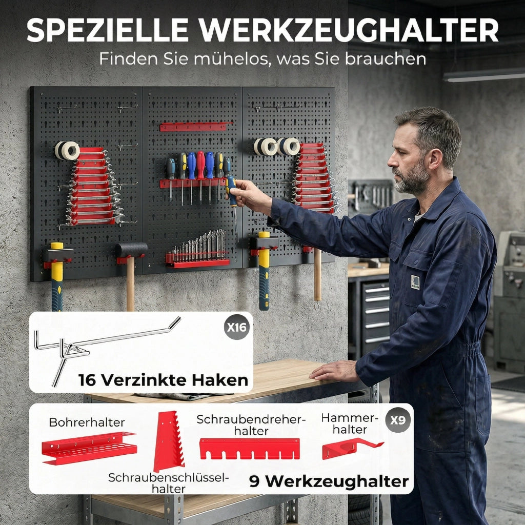 Pannello Forato da Parete Porta Attrezzi 60 x 40 cm con 28 Pezzi Contenitori e Ganci, Organizer per Officina e Garage, Nero e Rosso