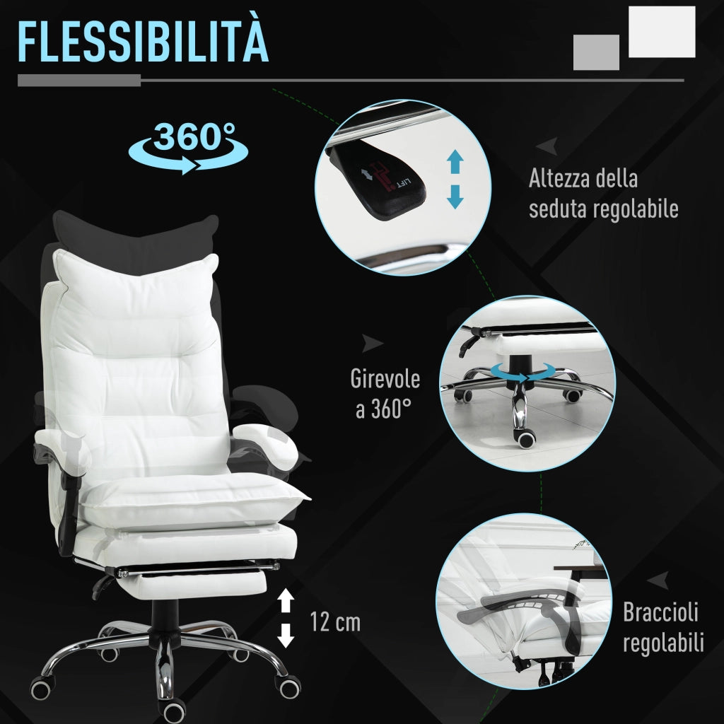 Sedia da Ufficio Ergonomica Reclinabile ¨C Minimal ¨C Finta Pelle, Imbottita, Bianco