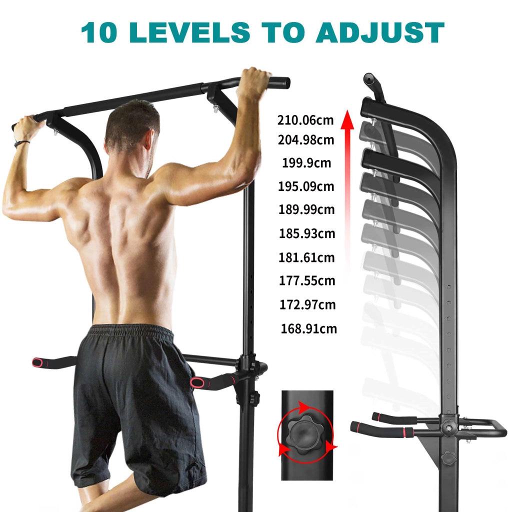 Stazione per trazioni regolabile in altezza con supporti per squat e flessioni in ferro nero 168.91–210.06 cm