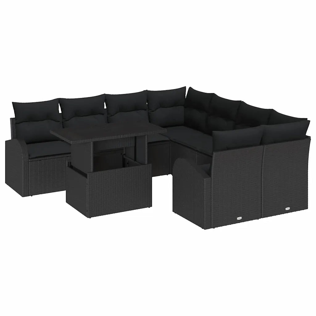 Set Divano da Giardino 9 pcs Nero Rattan in Polipropilene