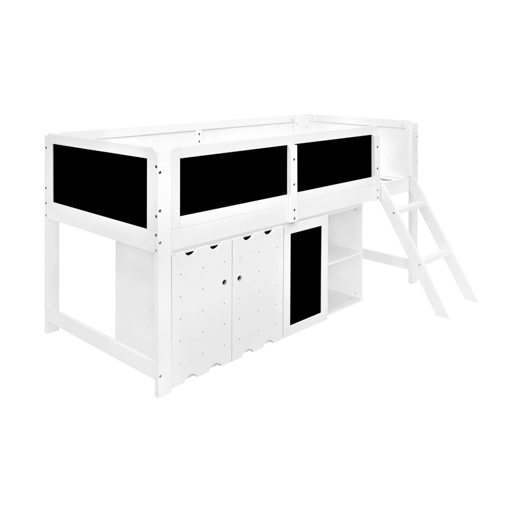Letto a soppalco per bambini 90 × 200 cm con armadio a 2 ante, lavagna e scala inclinata, senza materasso, bianco