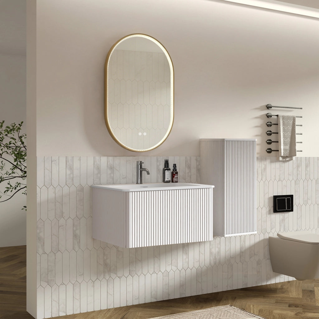 Mobile da bagno con lavabo, mobile laterale e specchio LED - per bagno - bianco
