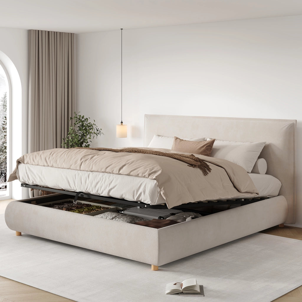 Letto matrimoniale imbottito 180x200 cm; idraulico con rete a doghe; testiera imbottita; ampio contenitore; piedi in legno massello; bouclé; crema
