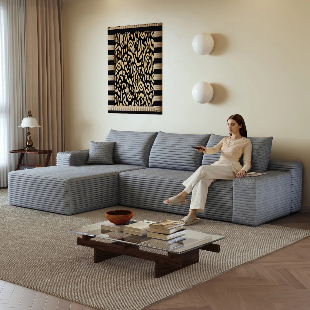 Divano modulare angolare 270 cm con chaise longue a L, tessuto in velluto a coste grigio, senza montaggio richiesto