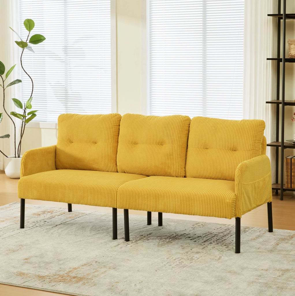 Divano 3 posti 171x72x80 cm con tasca laterale in velluto a coste giallo