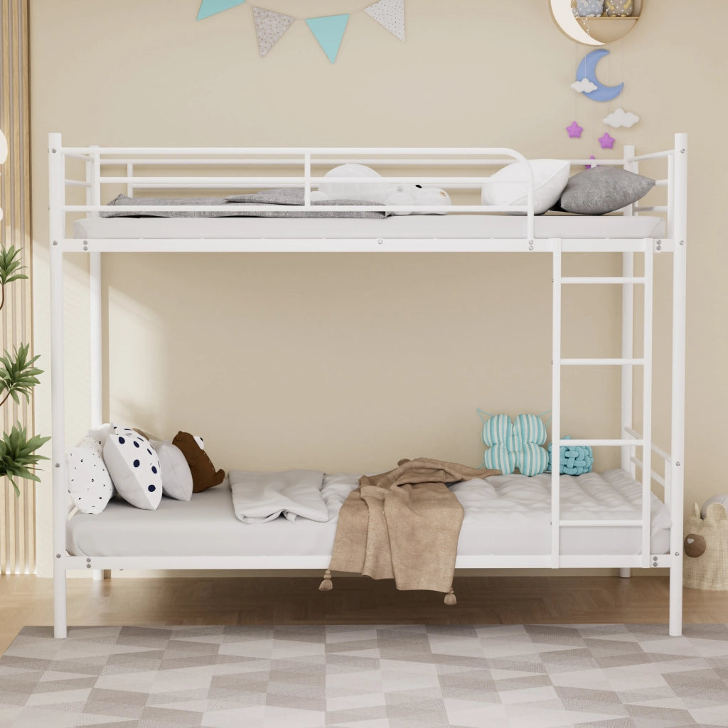 Letto a castello 90 × 190 cm 2 posti con scala e barriera anticaduta, senza materasso, acciaio bianco