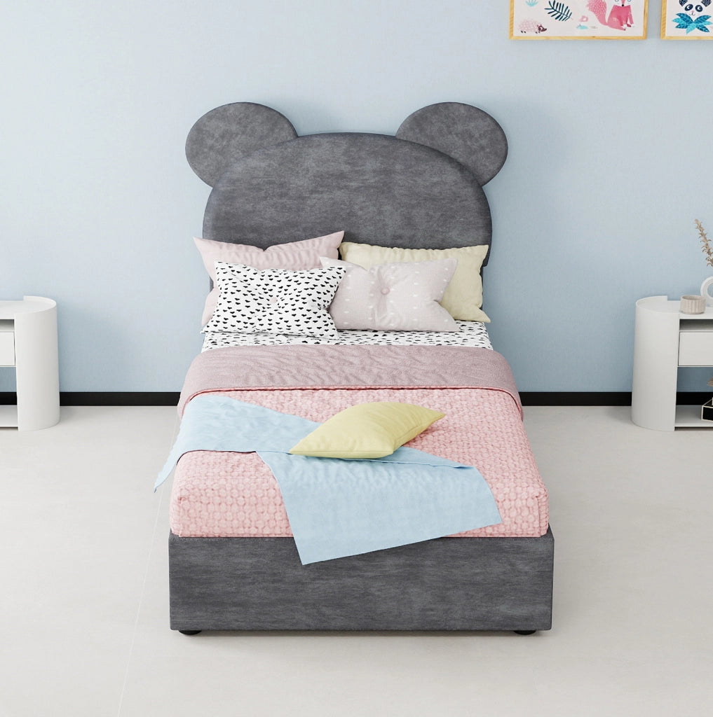 Letto per bambini 90x200 cm grigio con vano contenitore, tessuto e metallo, senza materasso