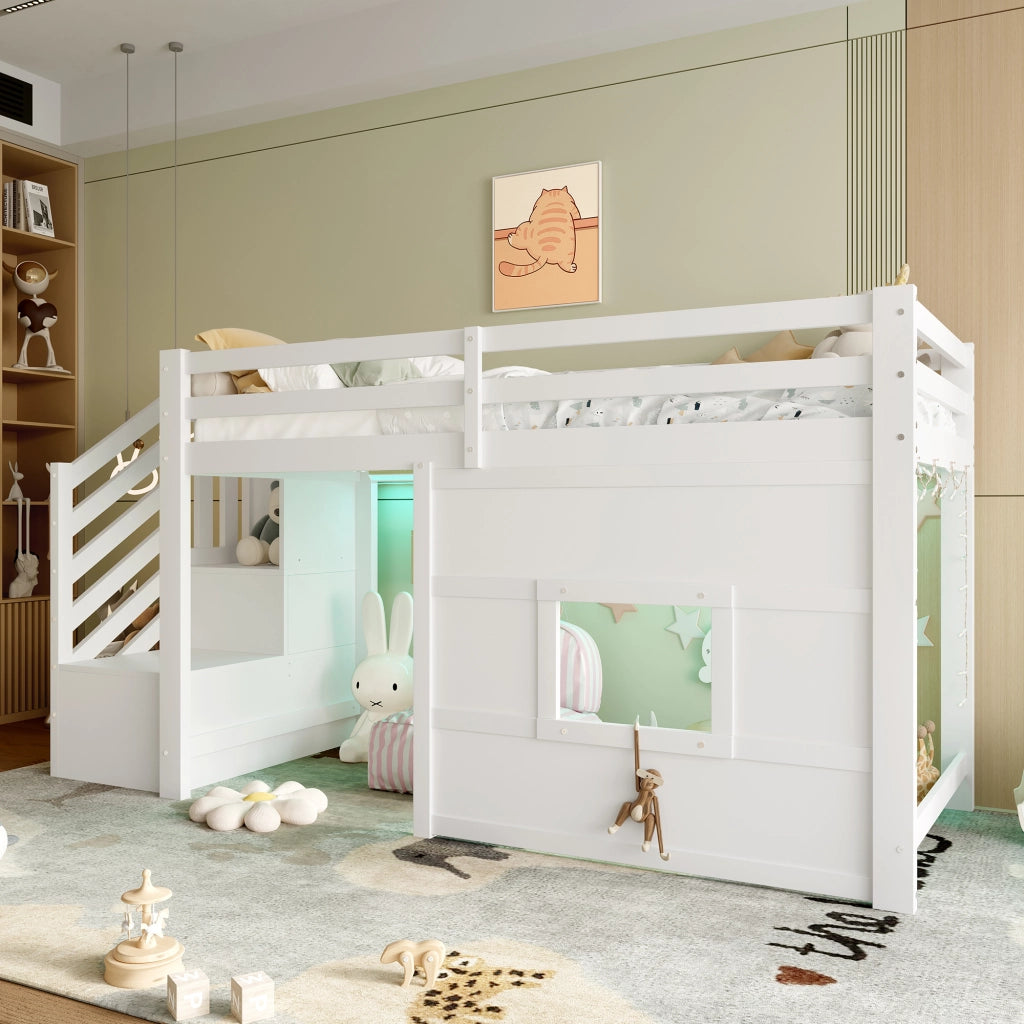 Letto a soppalco 90 x 200 cm con scala contenitore e finestra - Bianco