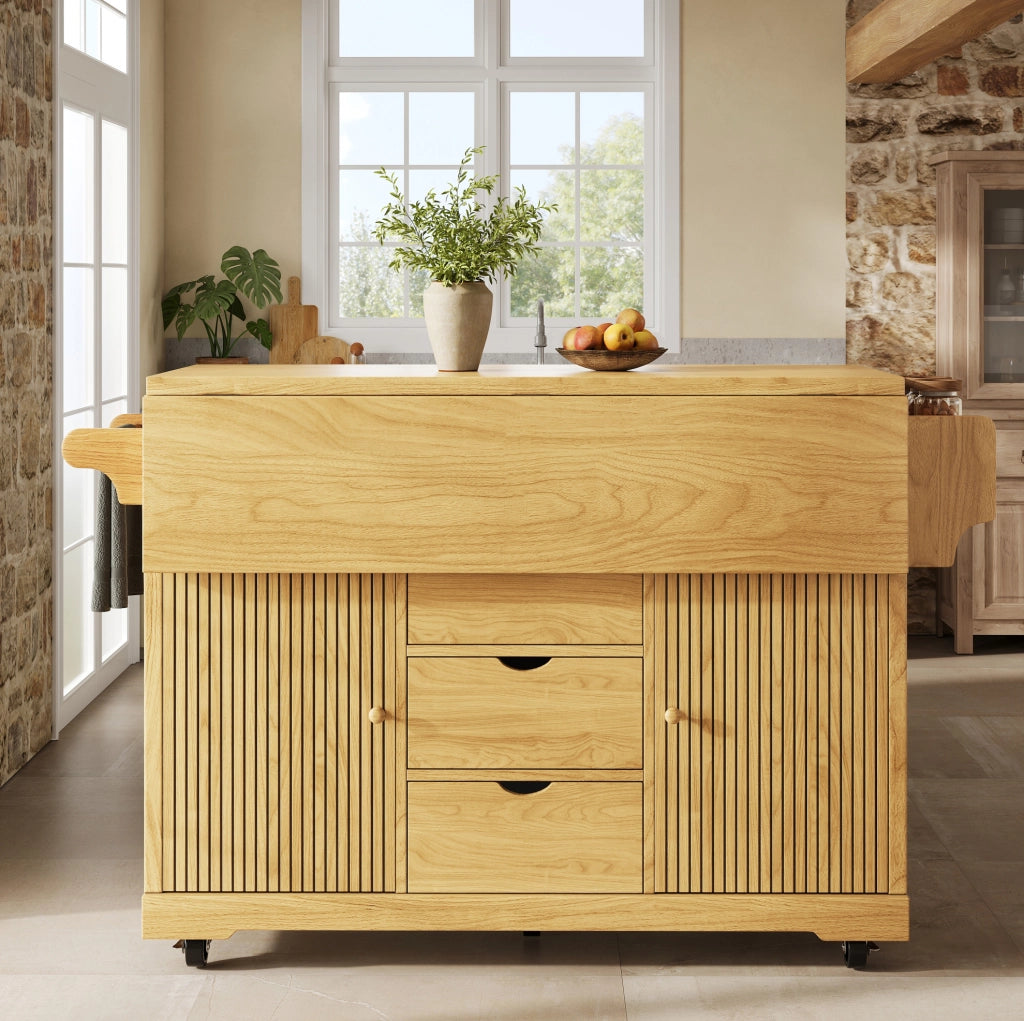 Carrello da cucina con piani ribaltabili 142,5x80x95 cm in MDF e metallo marrone